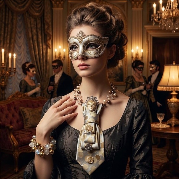 Geoffrey Beene Jewelry - Geoffrey Beene Upcycled Silk Tie Masquerade Mask Necklace & Bracelet Set Gold